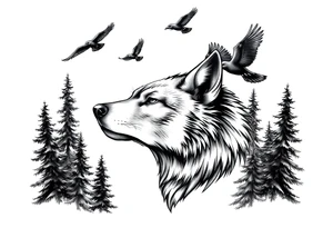Wolf head surrounded by large pine trees and ravens flying overhead tattoo idea