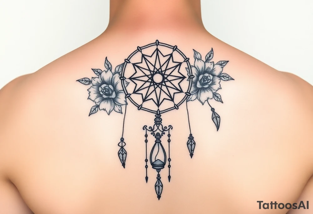 Boho dream catcher with gothic compass and hourglass. Beautiful flowers and an ornamental chandelier like look tattoo idea