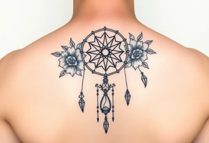 Boho dream catcher with gothic compass and hourglass. Beautiful flowers and an ornamental chandelier like look tattoo idea