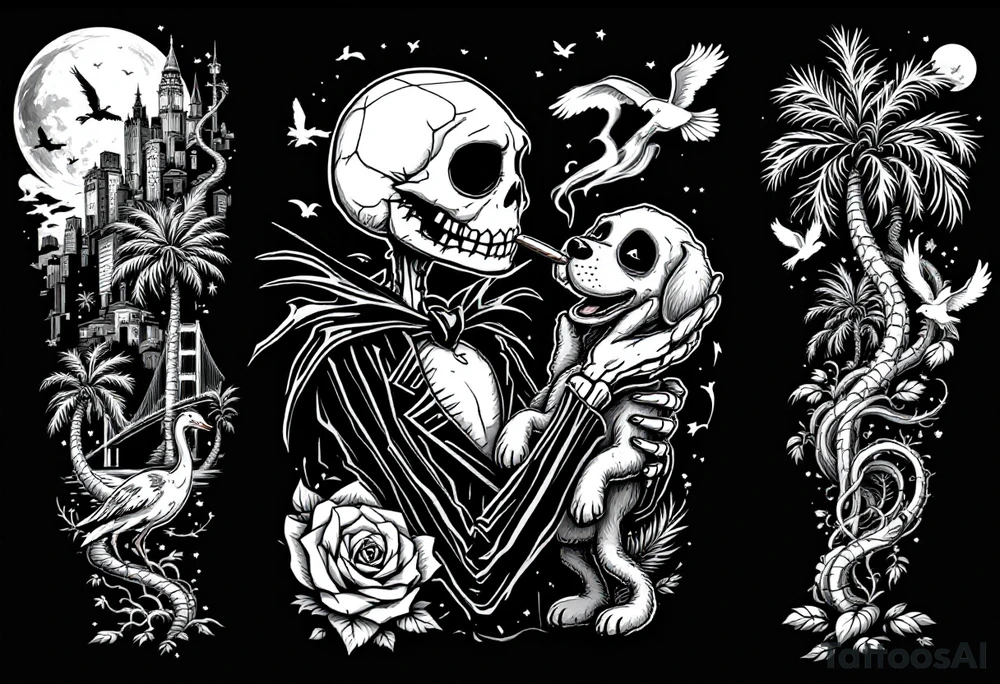 jack skellington with dog,smoking a blunt and fishing,surrounded by city buildings,golden gate bridge, birds, palm trees, tattoo idea