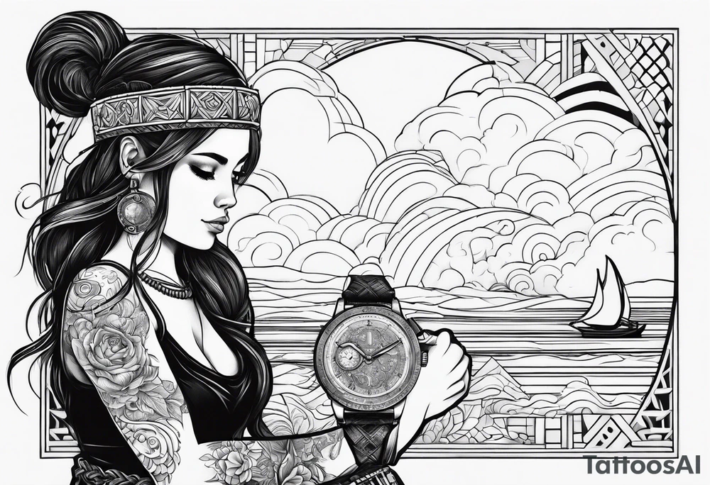 A girl with a viking cloud with a watch i her hand tattoo idea