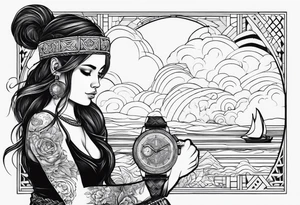 A girl with a viking cloud with a watch i her hand tattoo idea