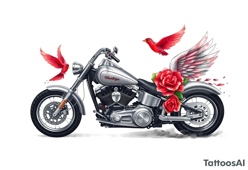 Harley grey motorcycle driving away, two red birds flying, roses, flames, angel wings tattoo idea