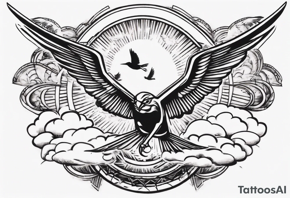 a shoulder tattoo with rays of light, clouds and birds flying free tattoo idea