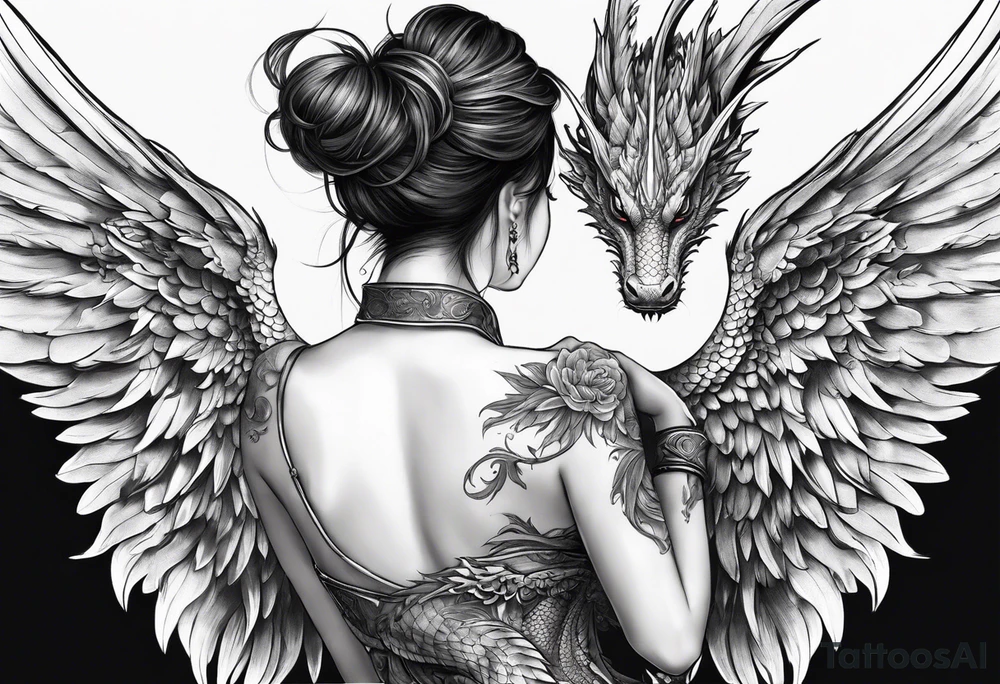 beautiful warrior nymph with large wings coming out of her back and a dragon friend tattoo idea