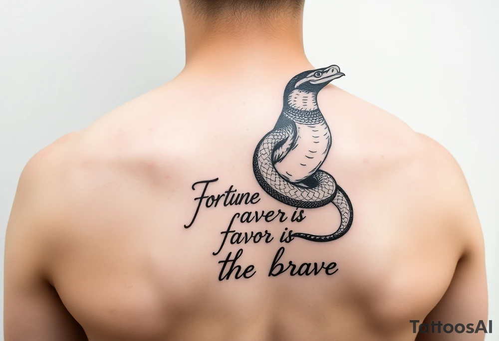 Bird and snake on top of the head with “ fortune favors the brave tattoo idea