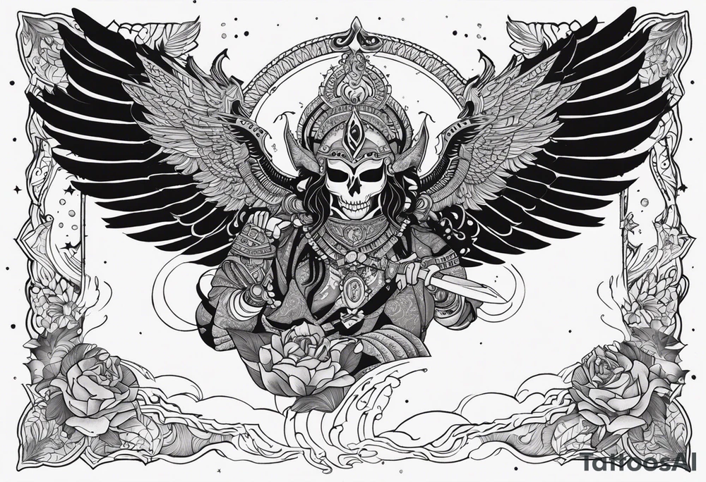 black kali, goddess pirate, alien, angel, pachamama, valkrye, warrior, flying, skull, lotus azul, wing, eagle, zenza resonance, stars, 5D, anahata chakra, death, durga, riding on a tiger, flying lady, chest tatoo tattoo idea