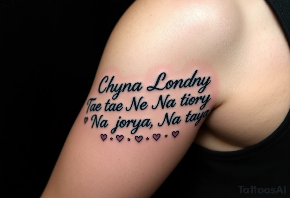 Cursive words that say, 

M.S.K

Chyna

Londyn

Gurly 

Tae tae 

Na jorya 

Na taya
 surrounded by little hearts & stars tattoo idea