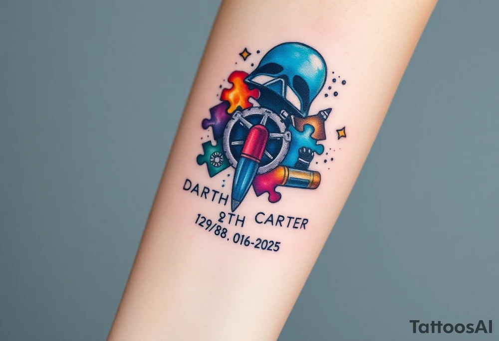 colorful futuristic memory tattoo for passed boyfriend;, star wars, space, Harley Davidson, skateboarding, puzzle pieces, video games, heaven, god, outdoors, 9mm bullet, words MEMENTO MORI & DARTH CARTER 12/29/88-01/06/2025 tattoo idea