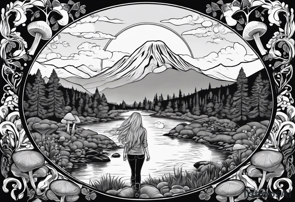 Whole picture encircled fully

Straight long blonde hair hippie girl in distance holding mushrooms in hand facing away toward mountains and creek surrounded by mushrooms long sleeve shirt and hiking pants; whole rendering within a full circle, no cut off circle tattoo idea