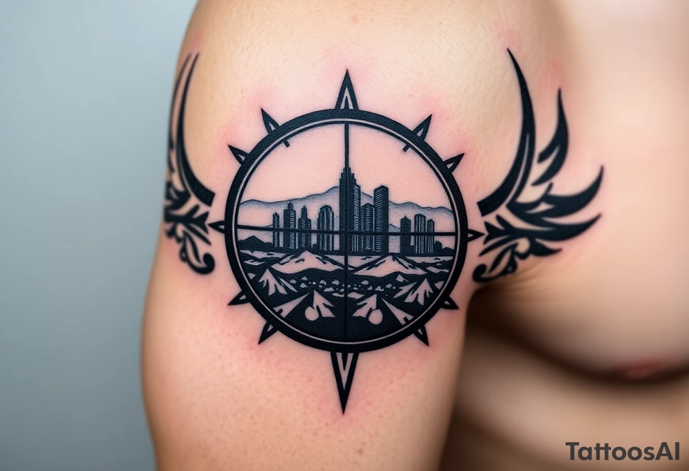 scope crosshairs with eerie Los Angeles city horizon in background tattoo idea