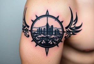 scope crosshairs with eerie Los Angeles city horizon in background tattoo idea