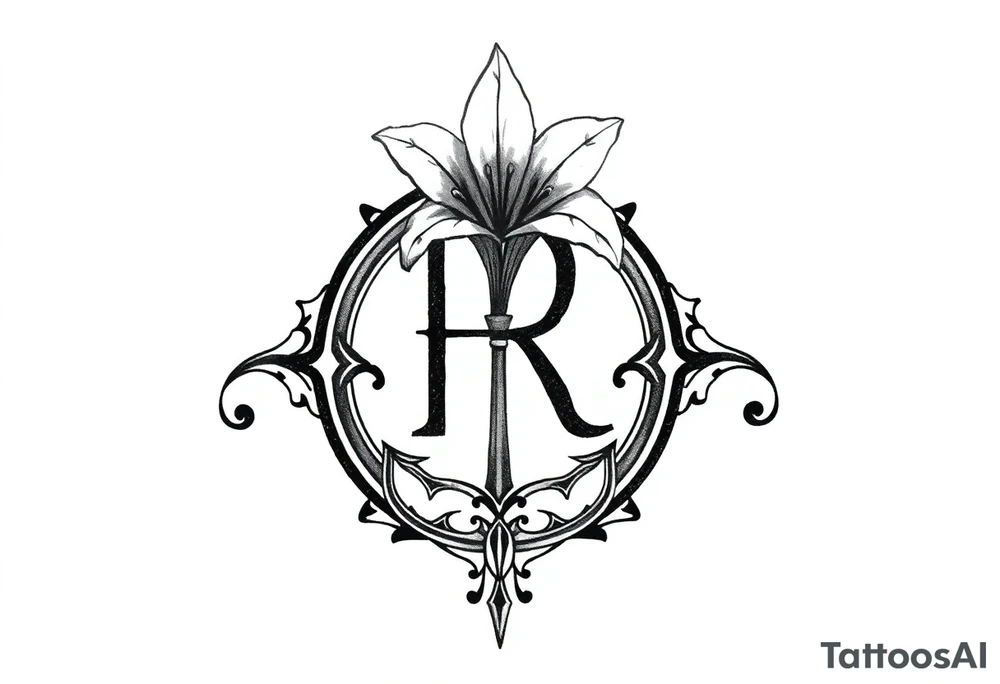 Give me a 'R' with a lily come out the top and a Sagittarius at the bottom tattoo idea