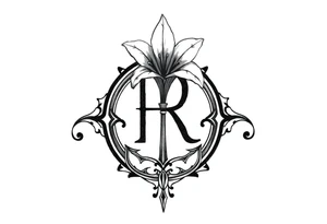 Give me a 'R' with a lily come out the top and a Sagittarius at the bottom tattoo idea