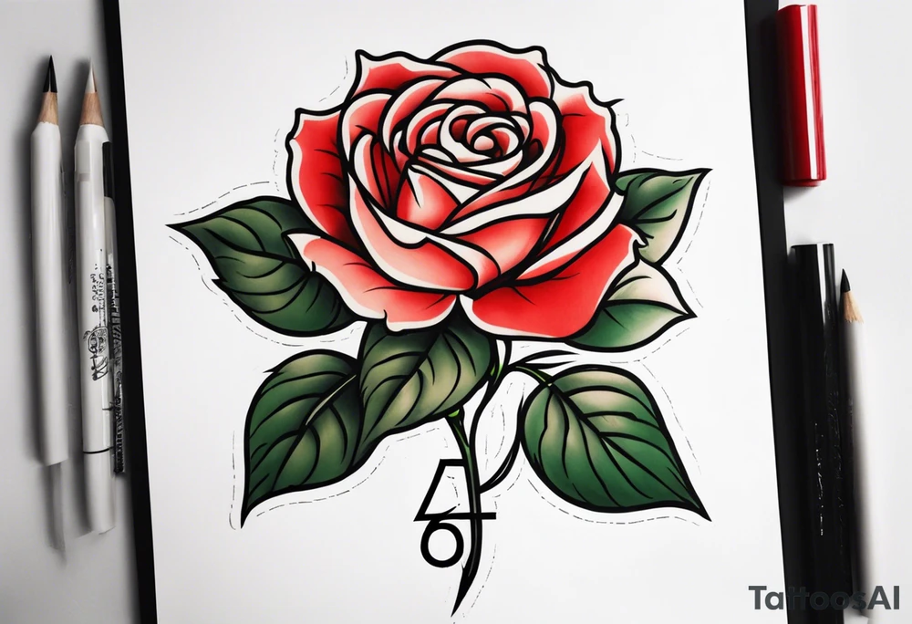 traditional style rose tattoo with the number 5 in it tattoo idea