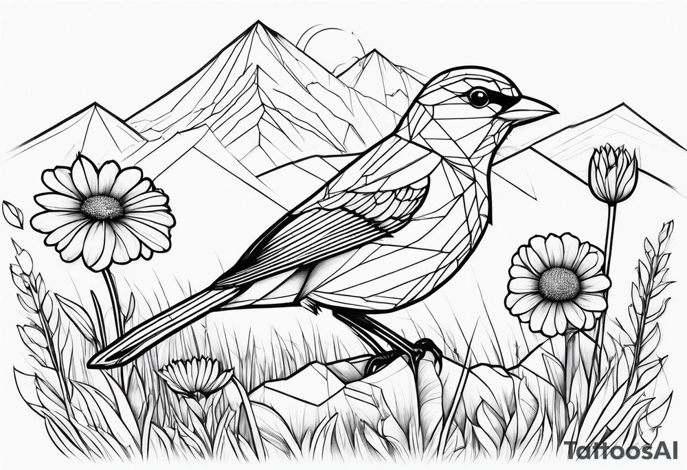 Geometric small bird outline sitting in grass and daisys with mountains in the background tattoo idea