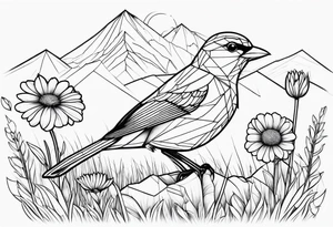 Geometric small bird outline sitting in grass and daisys with mountains in the background tattoo idea