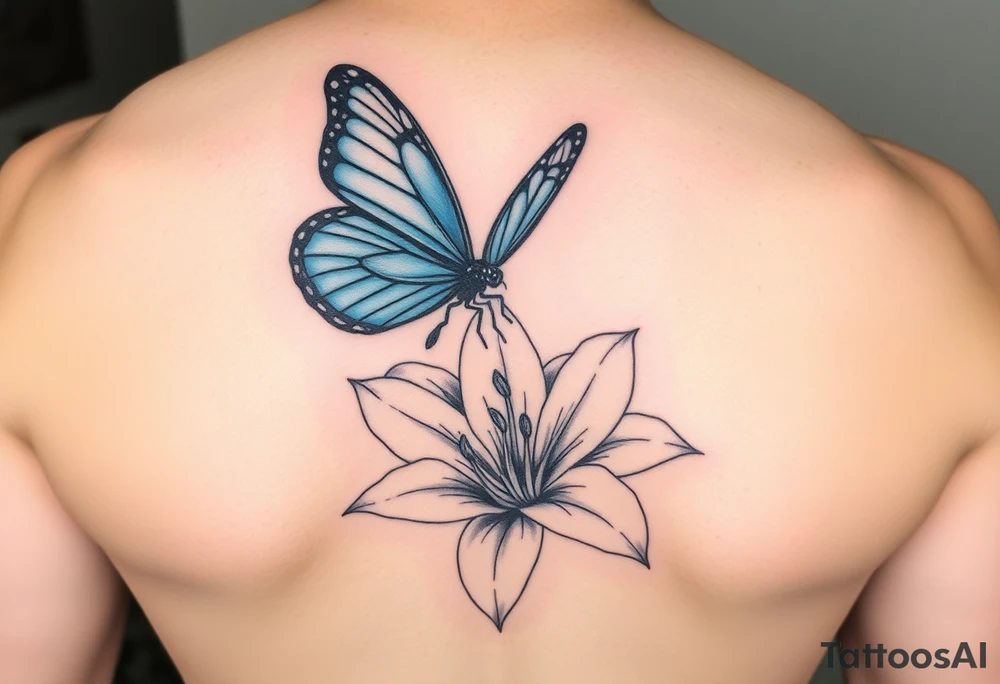 blue morph butterfly landing on a tiger lily tattoo idea