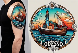 This tattoo depicts the city of Odesa. The main symbols of this city are a ship's wheel, a lighthouse, the Potemkin Stairs, the sea, the Opera House, and the cozy small streets. tattoo idea