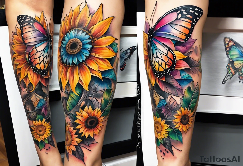 Quarter Leg sleeve with dreamcatcher, rainbow sunflowers and one butterfly tattoo idea