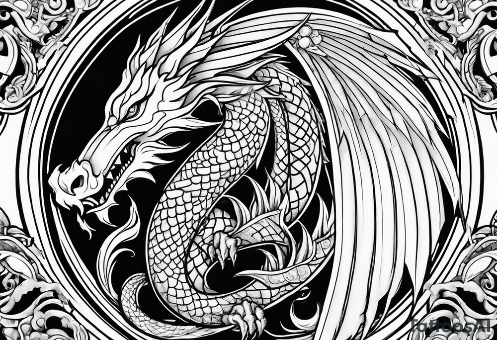 Dragon roman empire building straight lines sun moon tattoo idea