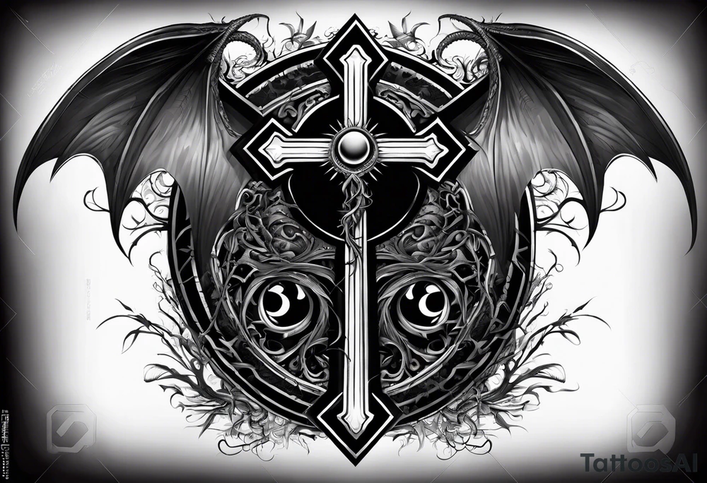 A Christian cross with sharp lower end imbedded into the ground that has roots growing from it. The cross is in the middle of two huge dragon wings. In the middle of the cross is an eye ball tattoo idea