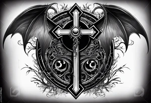 A Christian cross with sharp lower end imbedded into the ground that has roots growing from it. The cross is in the middle of two huge dragon wings. In the middle of the cross is an eye ball tattoo idea