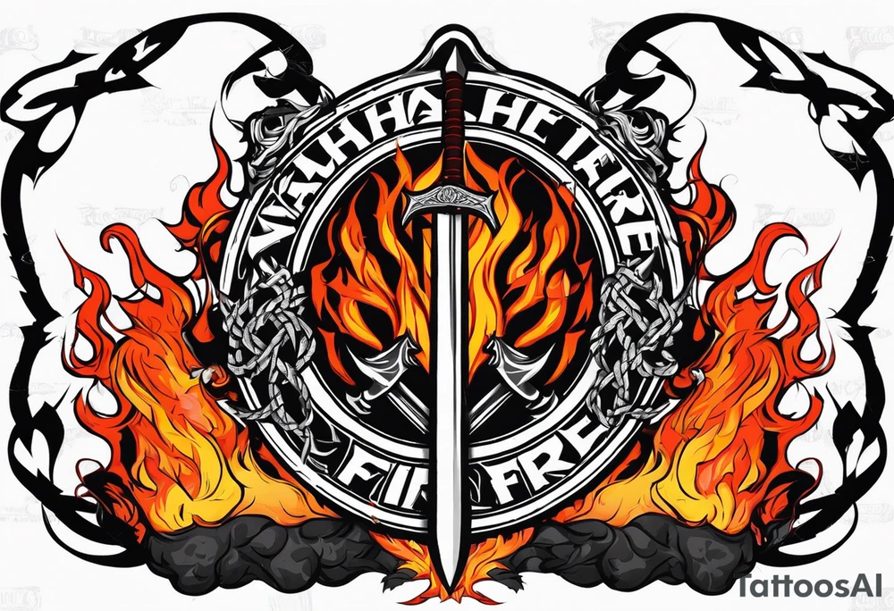 Valhalla on fire 
sword shield barbed  wire tattoo idea