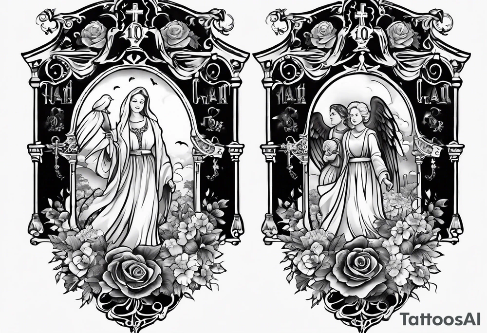 Forearm tattoo:
Mawmaw
07-05-38 / 09-23-24
Grandson and grandma silhouette holding hands walking up to the gates of heaven with the gates opened shinning bright with a cross and Doves flying around and a Big Busted clock behind it with the time of her death 7:00pm tattoo idea