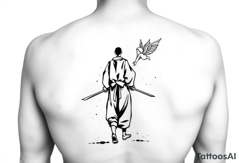 "Blackwork tattoo sketch of a lone samurai walking forward, shown in dramatic silhouette style. The samurai wears traditional kimono and hakama, holding a katana in one hand with the blade pointing downward. Behind him floats a small child angel with detailed feathered wings, gently touching the samurai’s back with one hand, as if stopping or guiding him. Strong contrast, dynamic ink splatter, rough brush strokes, Japanese sumi-e vibe, emotional and symbolic composition, high detail linework, no background." tattoo idea