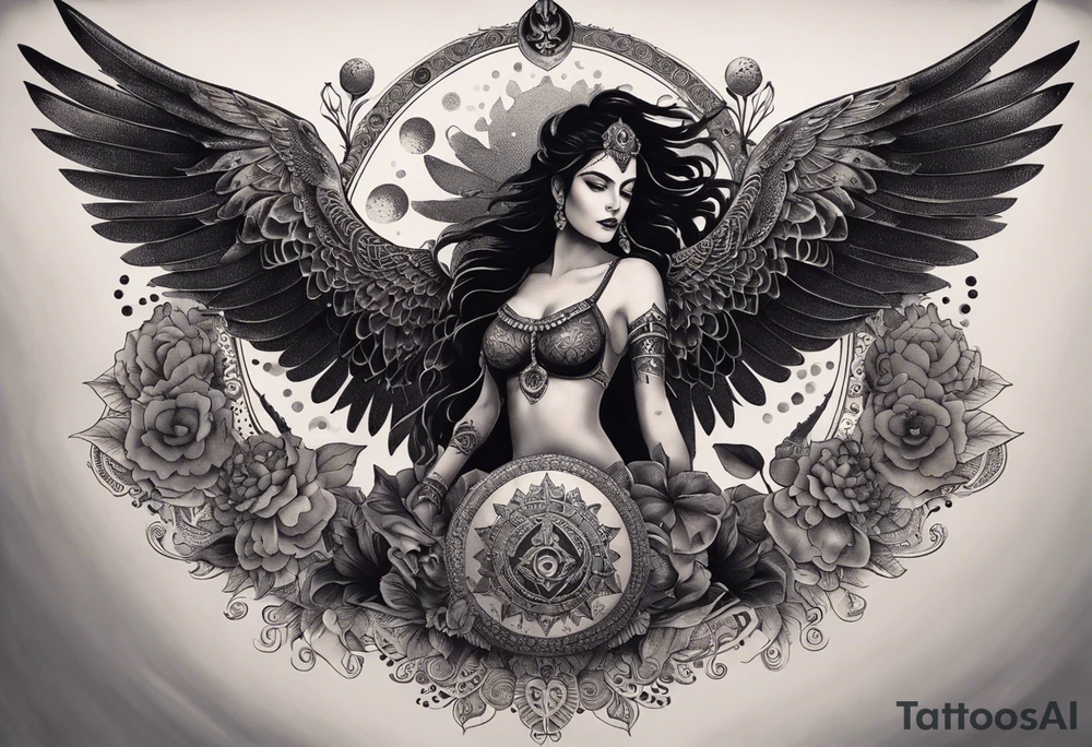 black kali, goddess pirate, alien, angel, pachamama, valkrye, warrior, flying, skull, lotus azul, wing, eagle, zenza resonance, stars, 5D, anahata chakra, death, durga, riding on a tiger, flying lady, chest tatoo tattoo idea