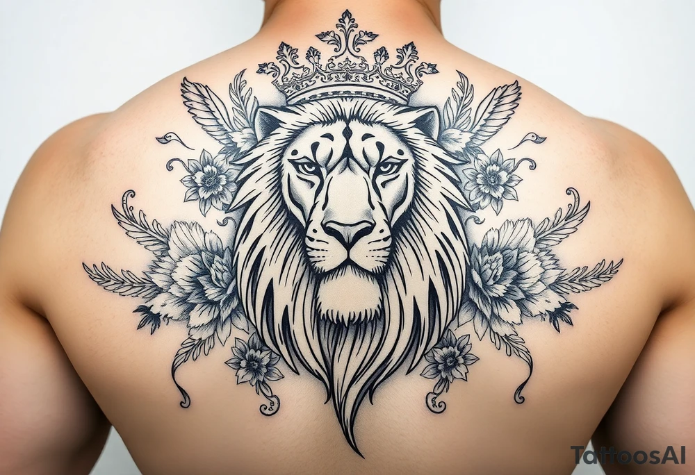 powerful majestic lion with a crown, surrounded by floral ornaments and birds tattoo idea