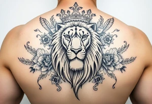 powerful majestic lion with a crown, surrounded by floral ornaments and birds tattoo idea