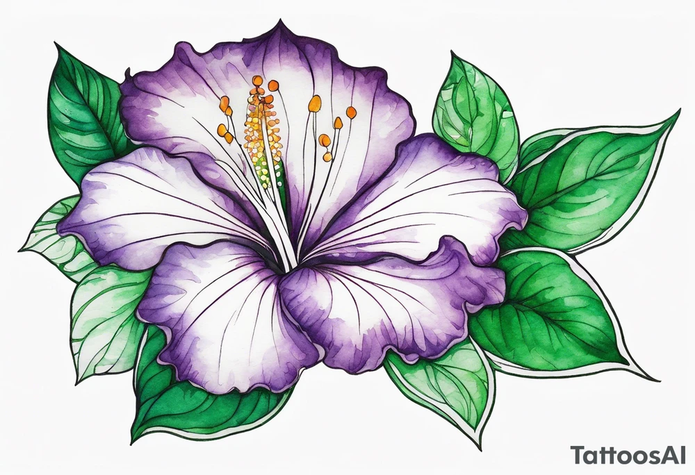 An outline of a green rio dipladenia flower and a green/purple watercolor in the background tattoo idea