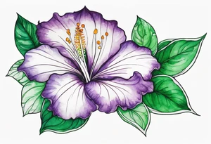 An outline of a green rio dipladenia flower and a green/purple watercolor in the background tattoo idea