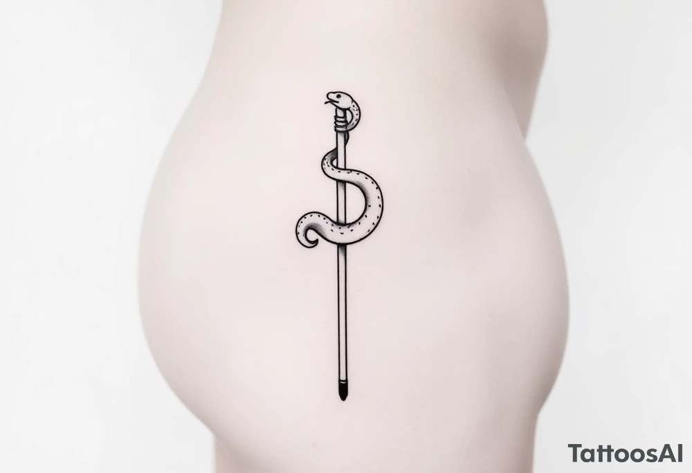 Snake tatto graphic on the hip. Positioned on the hip bone and lower closer to lady parts and leg. Snake symbolically wrapped over the pole (pole dance one). Minimalistic graphic style. Only snake and pole. Positioned horizontally, Pole vertically (not just Pole but a special pole for pole dance, but not to much details). On hip bone. Placed horizontally from the hip bone to pelvic tattoo idea