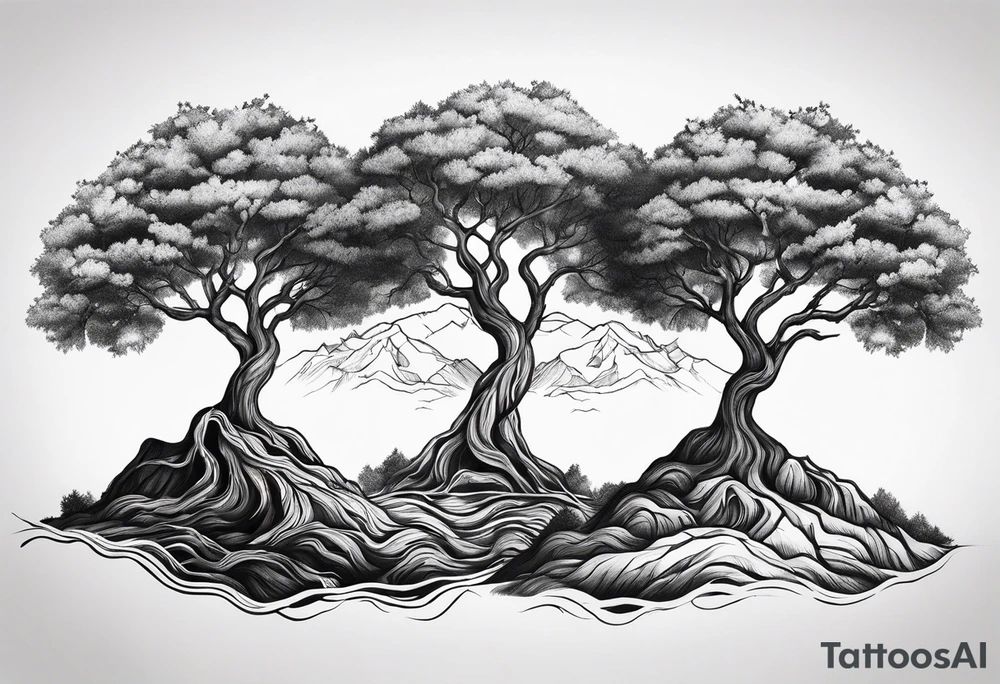 Three mountains three trees with roots tattoo idea
