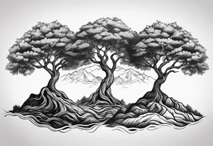 Three mountains three trees with roots tattoo idea
