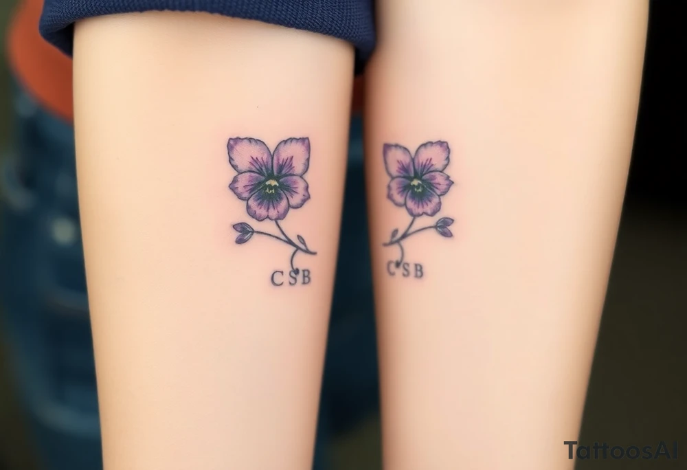 Violets, peace symbol, Pisces symbol, dog prints, amethyst, initials csb in cursive font tattoo idea