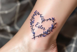 A heart formed by intertwining vine leaves, with the name "Ester" delicately inscribed in the center, and small lavender flowers in a soft purple color. tattoo idea