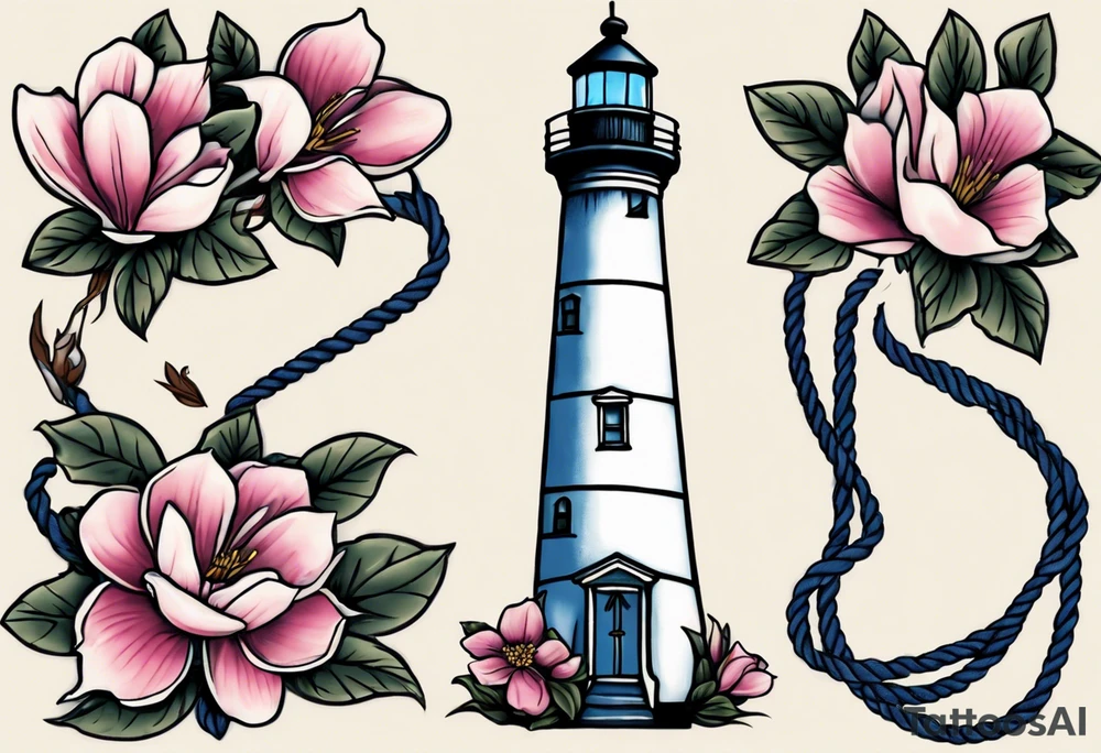 Sailor Jerry tattoo of a light house bordered by magnolia flowers and rope. Behind the light house is a periwinkle blue cancer awareness ribbon tattoo idea