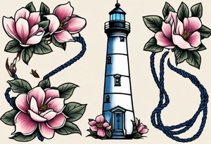 Sailor Jerry tattoo of a light house bordered by magnolia flowers and rope. Behind the light house is a periwinkle blue cancer awareness ribbon tattoo idea