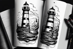 lighthouse shining light onto open book to wrap around forearm tattoo idea