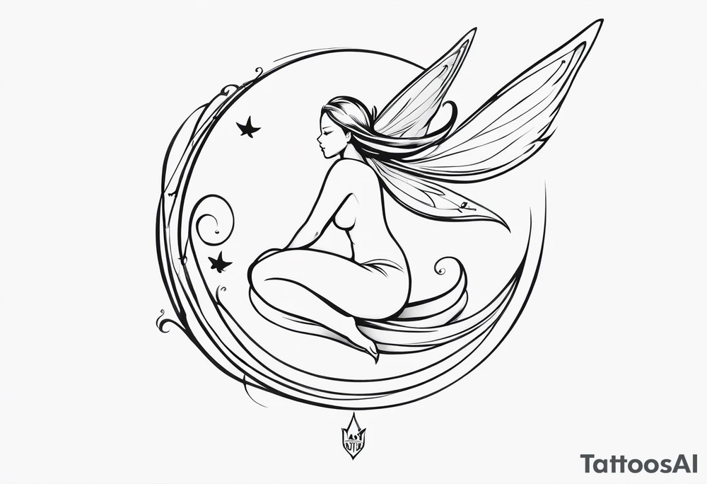 Minimalistic, monochromatic fairy with a tail flying to the left in a fetal position, leaning and looking in the same direction, with visible hands, embodying the 'Fairy Tail' logo aesthetic. tattoo idea