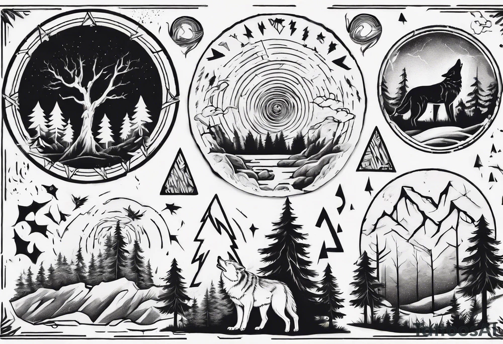 a thunder and lightning storm over a forest with a distant wolf howling and a drum circle tattoo idea a thunder and lightning storm over a forest with a distant wolf howling and a drum circle tattoo idea