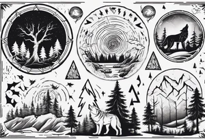 a thunder and lightning storm over a forest with a distant wolf howling and a drum circle tattoo idea