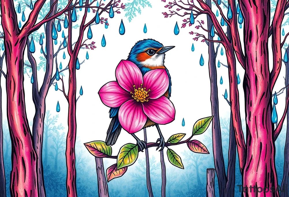 forest trees background
blue rain drops
pink camelia flower
blue and brown wren bird tattoo idea