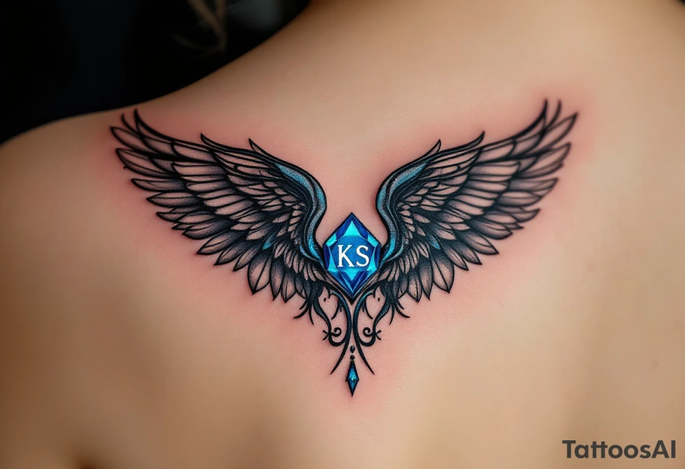 A pair of black ink wings cradling a small, glowing blue gem with the son’s initials KS inside. tattoo idea