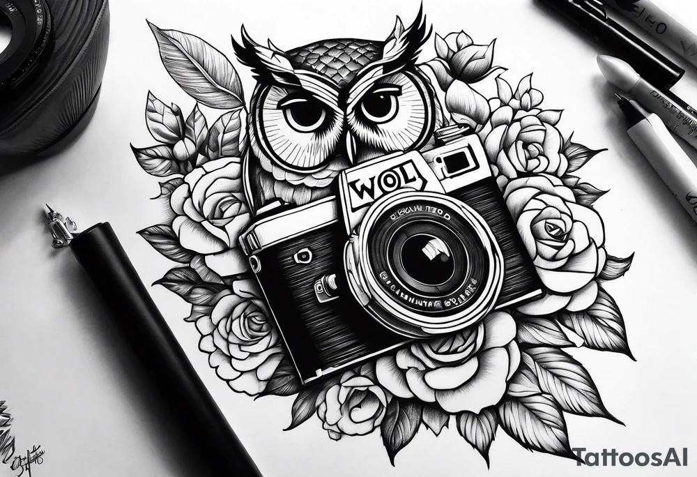 Sunflower, camera, book, owl, flower rose tattoo idea