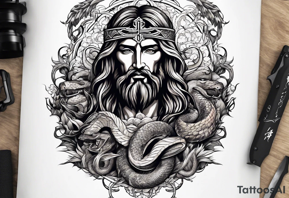 Almighty powerful Jesus cutting off the Serpent head tattoo idea